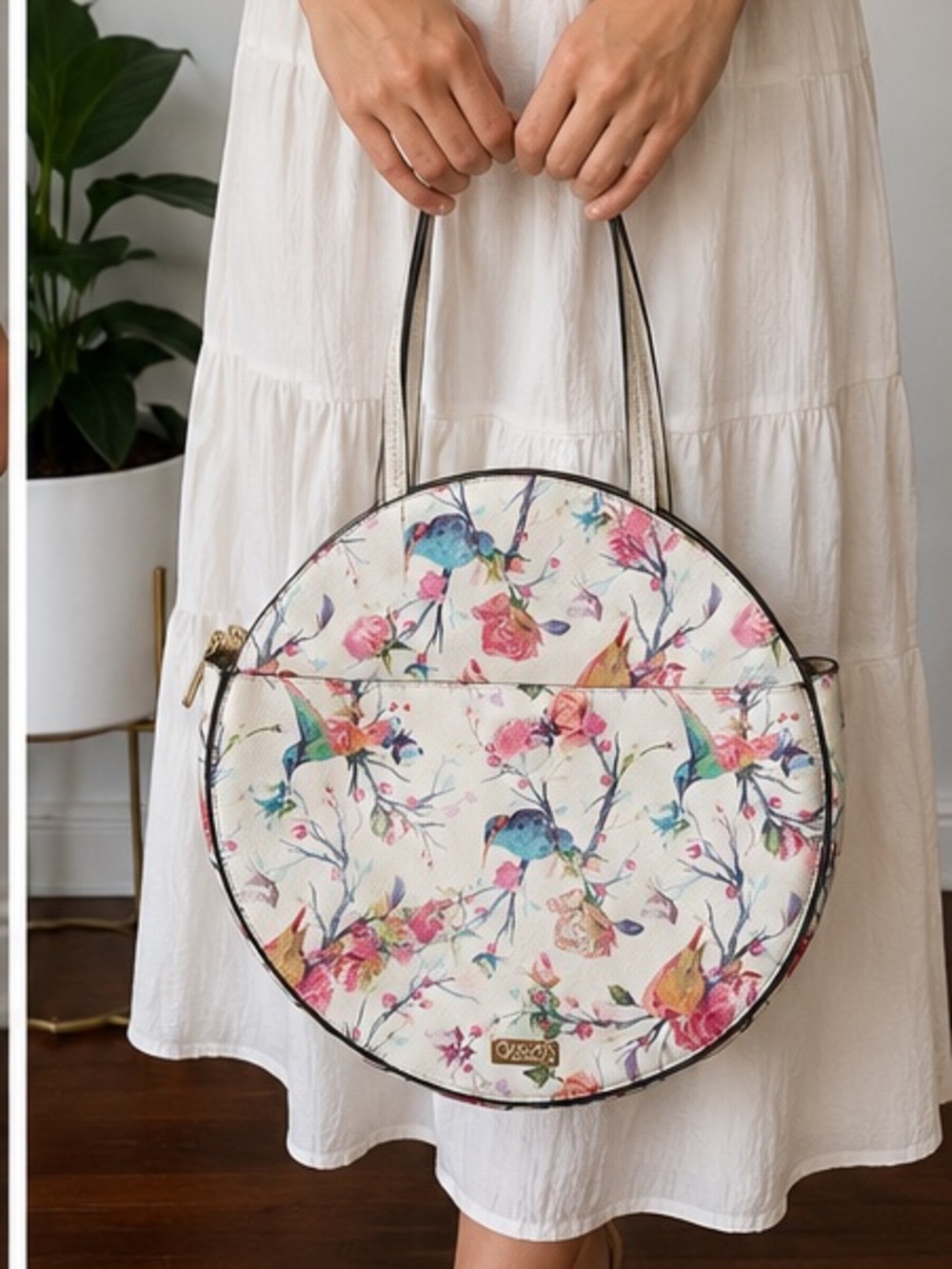 Carlos Santana Round Floral & Bird Tote - Cream with Pink, Blue, Green Accents